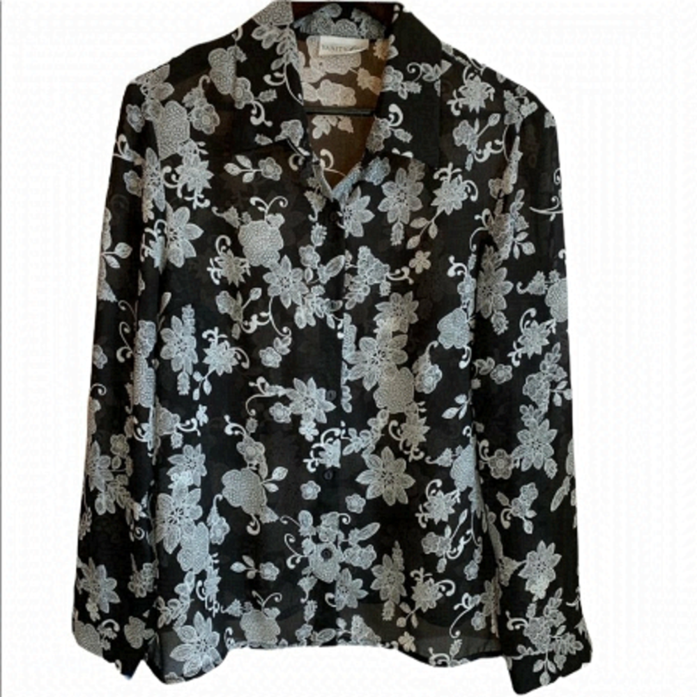 Vanity Fair🌸Black Floral Button Up Blouse Size L